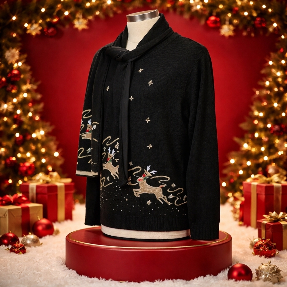 Vintage Lemon Grass "Rudolph" reindeer Cardigan Small Black Detach Scarf - Picture 2 of 16